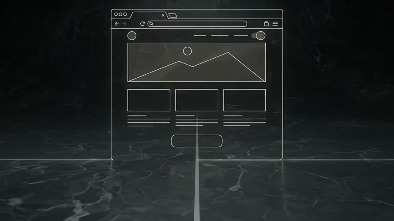 Wireframe of a clear business website standing in the dark-marble scene, representing the trust a professional site builds