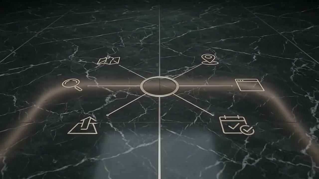 Connected hub-and-spoke system diagram drawn in light lines on dark marble, representing one connected local growth system